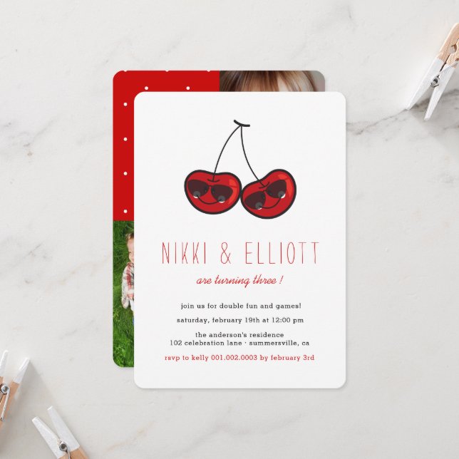 Invitación Personalizado Fiesta de Guay Cherries Twins Fotos  (Anverso/Reverso In Situ)