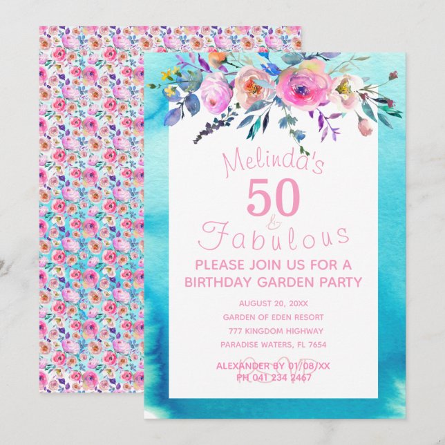 Invitación Personalizado Fiesta de jardín 50 y fabuloso cumpl (Anverso / Reverso)