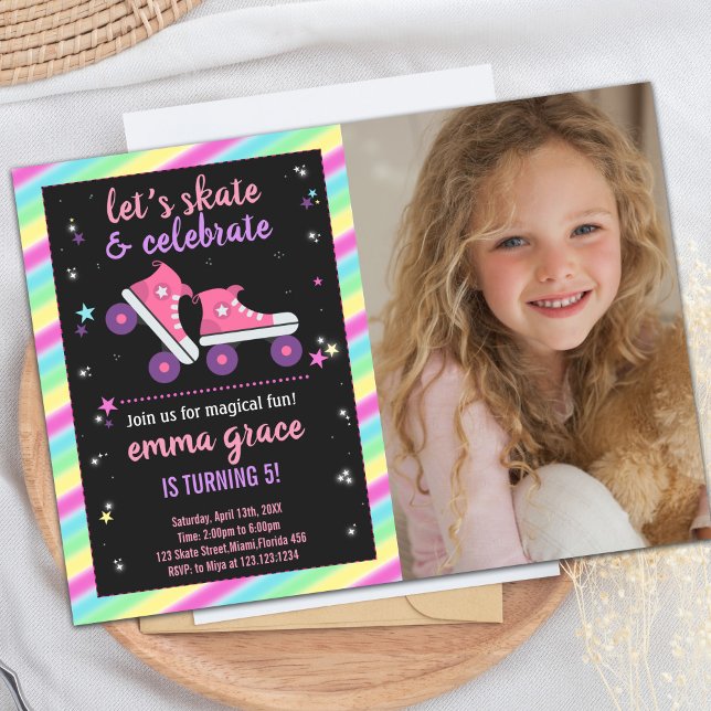 Invitación Personalizado Fiesta de patinaje sobre patines par (Photo Pink Skating Birthday Invitations)