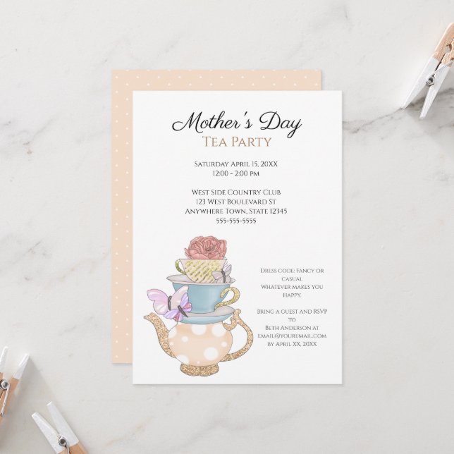 Invitación Personalizado Fiesta del té del día de la madre (Anverso/Reverso In Situ)