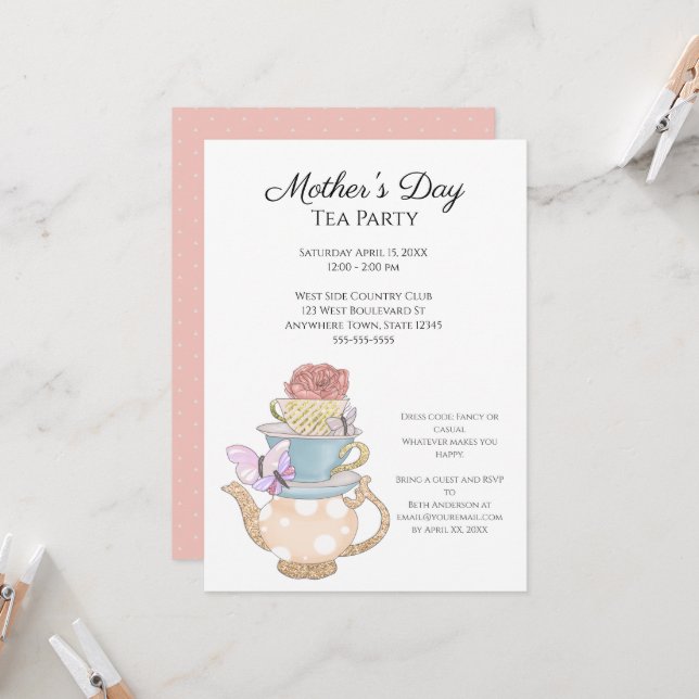 Invitación Personalizado Fiesta del té del día de la madre (Anverso/Reverso In Situ)