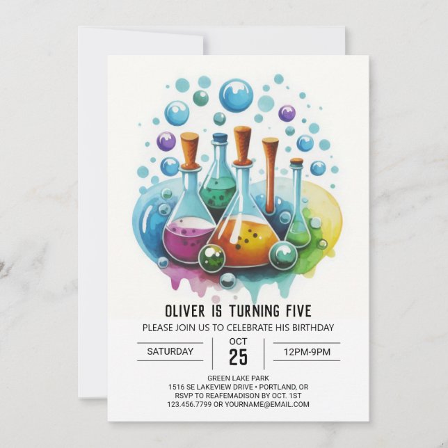 Invitación Personalizado Flask Fusion Scientithday cumpleaños (Anverso)