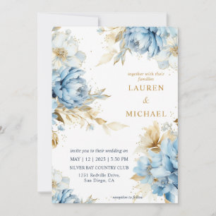 Invitación Personalizado Flor azul blanco y oro Boda de flore