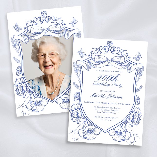Invitación Personalizado Floral Azul Foto 100 cumpleaños (Blue Floral Custom Photo 100th Birthday Party Invitation)