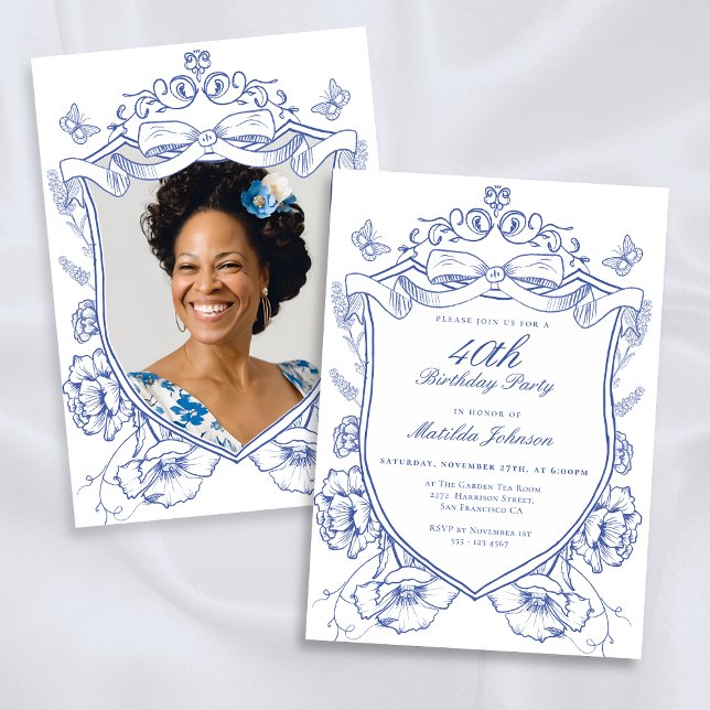 Invitación Personalizado Floral Azul Foto 40 Fiesta de cumple (Blue Floral Custom Photo 40th Birthday Party Invitation)