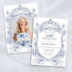 Invitación Personalizado Floral Azul Foto 50 cumpleaños