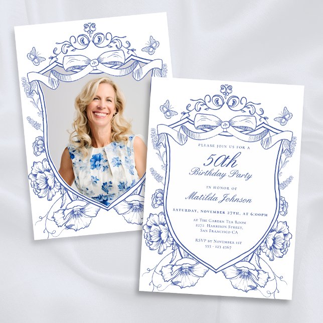 Invitación Personalizado Floral Azul Foto 50 cumpleaños (Blue Floral Custom Photo 50th Birthday Party Invitation)