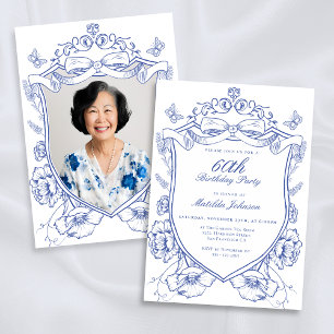 Invitación Personalizado Floral Azul Foto 60º fiesta de cumpl