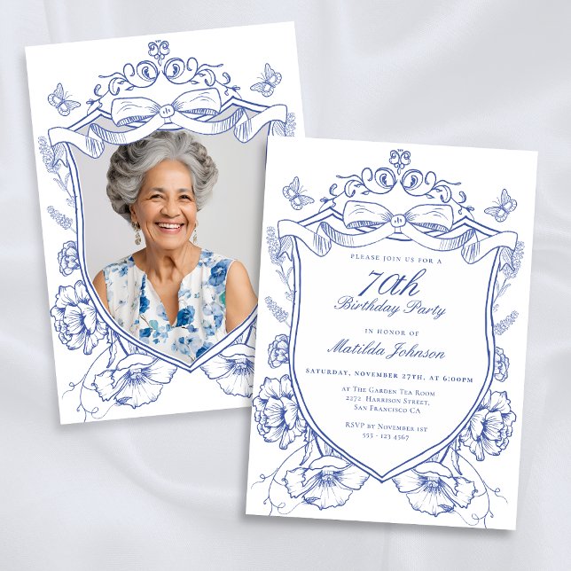 Invitación Personalizado Floral Azul Foto 70º fiesta de cumpl (Blue Floral Custom Photo 70th Birthday Party Invitation)