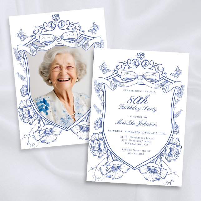 Invitación Personalizado Floral Azul Foto 80º fiesta de cumpl (Blue Floral Custom Photo 80th Birthday Party Invitation)