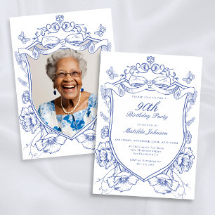 Invitación Personalizado Floral Azul Foto 90º fiesta de cumpl
