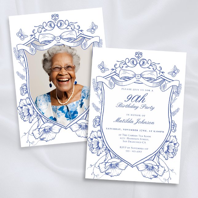 Invitación Personalizado Floral Azul Foto 90º fiesta de cumpl (Blue Floral Custom Photo 90th Birthday Party Invitation)