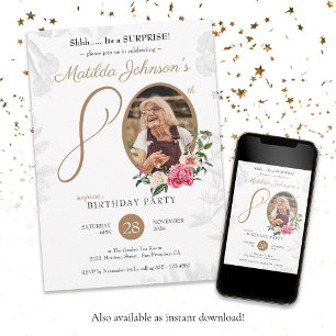 Invitación Personalizado Floral Blanco Foto 80 cumpleaños sor