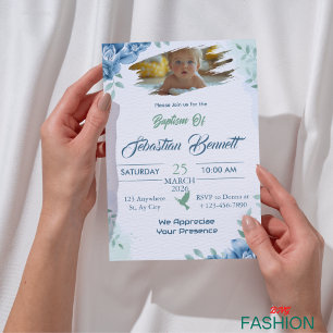 Invitación Personalizado floral de Cute azul foto bautismo re