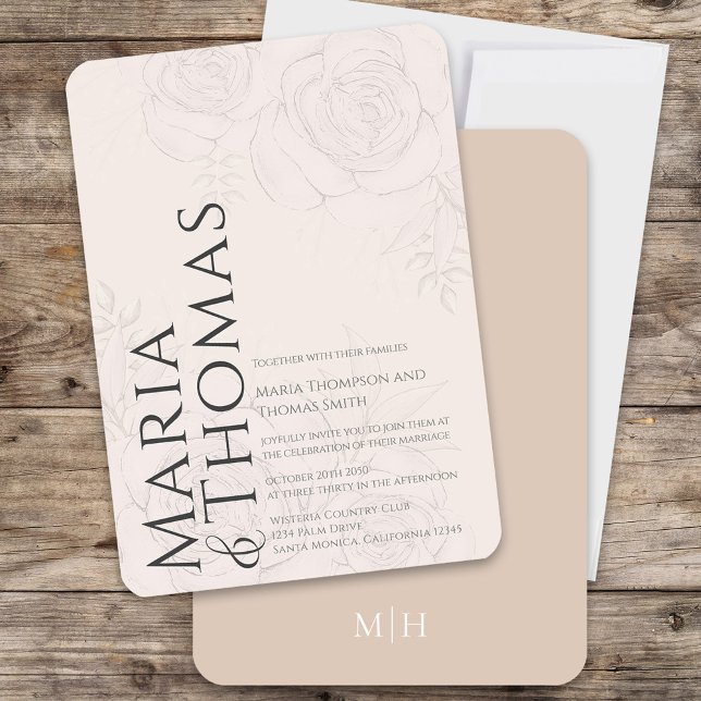 Invitación Personalizado Floral Elegante de Bodas de Rubor (Modern style typography wedding invitation with classic blush floral background, )