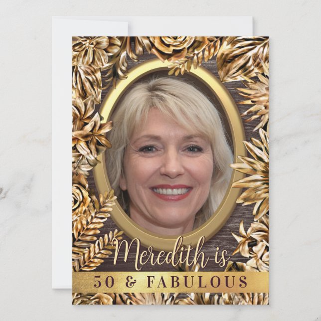 Invitación Personalizado Floral Gold De Lujo Foto 50 Y Fabulo (Anverso)