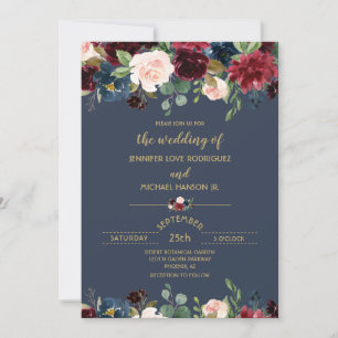 Invitación Personalizado Floral Navy Blue Burgundy Gold Boda