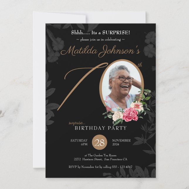 Invitación Personalizado Floral Negra foto sorpresa 70 cumple (Anverso)