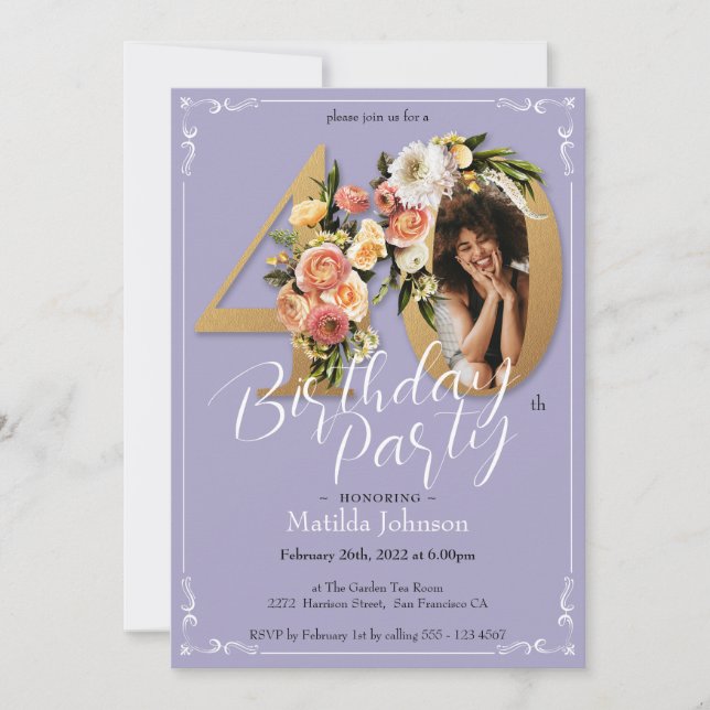 Invitación Personalizado Floral Purple Gold Boho Foto 40 cump (Anverso)