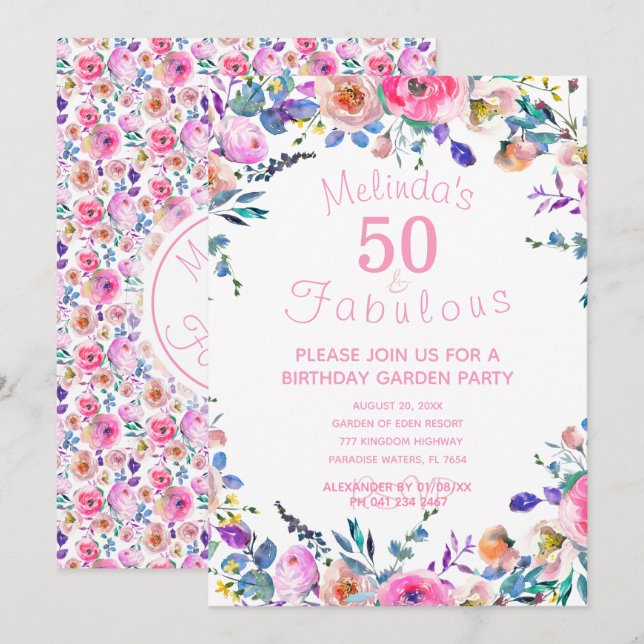Invitación Personalizado Floral Rosa 50 y fabuloso cumpleaños (Anverso / Reverso)