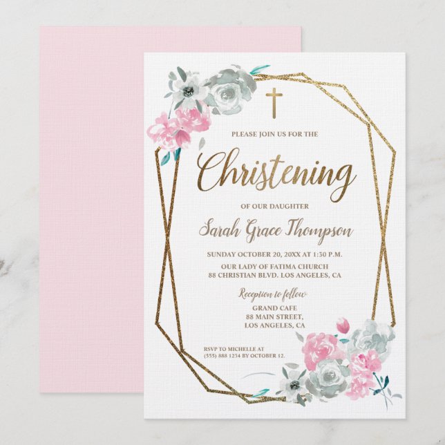Invitación Personalizado Floral rosa acuarela Bebé Christenin (Anverso / Reverso)