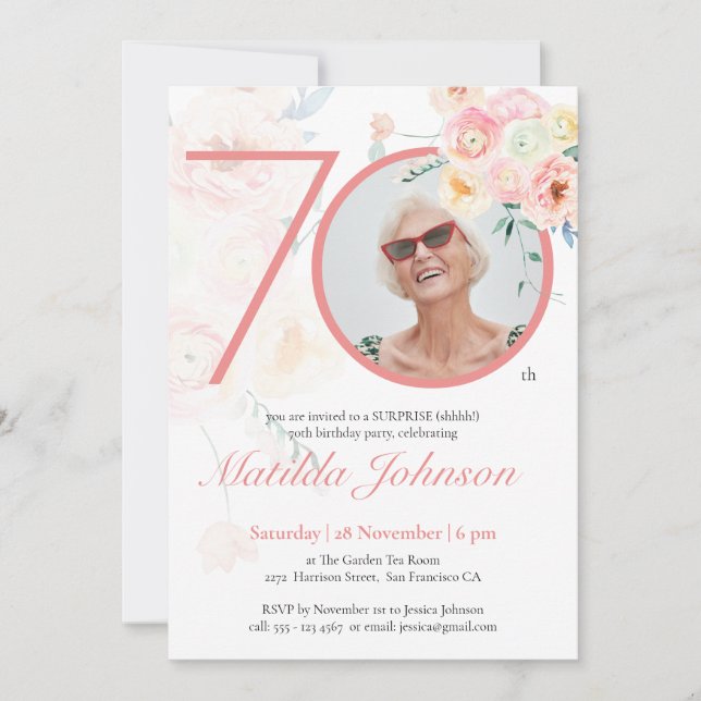 Invitación Personalizado floral rosa foto sorpresa 70 cumplea (Anverso)
