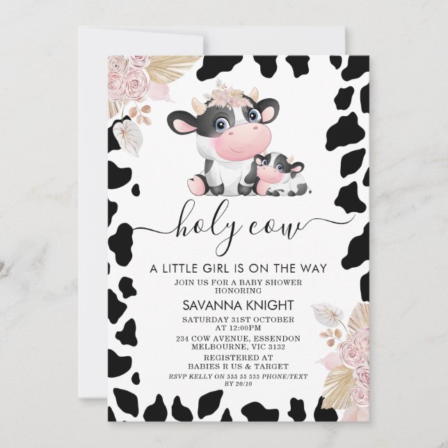 Invitación Personalizado Floral Rosa Santo Vaca Imprimir Baby (Anverso)