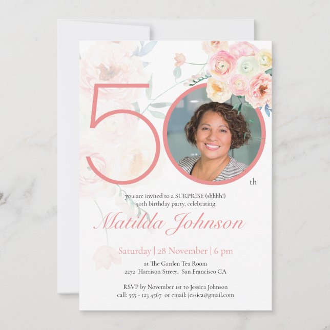 Invitación Personalizado floral rosada foto sorpresa 50 cumpl (Anverso)