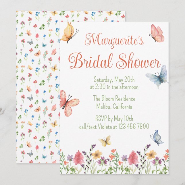 Invitación Personalizado Flores silvestres y mariposas ducha  (Anverso / Reverso)