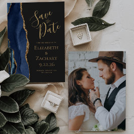 Invitación Personalizado Foto Agate Blue Gold Dark Guardar la