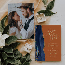 Invitación Personalizado Foto Agate Blue Gold Rust Save the D