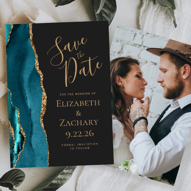 Invitación Personalizado Foto Agate Oro Verde azulado Oscuro  (Subido por el creador)