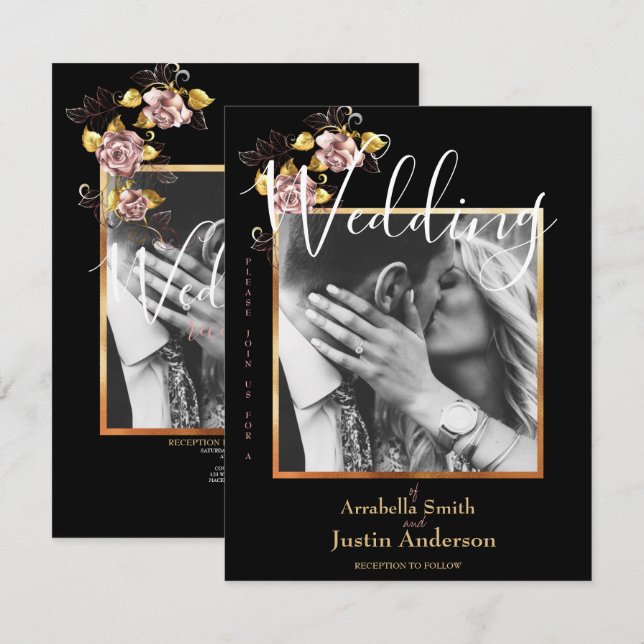 Invitación Personalizado Foto Boda de guión de oro floral neg (Anverso / Reverso)
