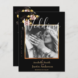Invitación Personalizado Foto Boda de guión de oro floral neg