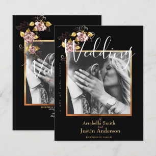 Invitación Personalizado Foto Boda de guión de oro floral neg
