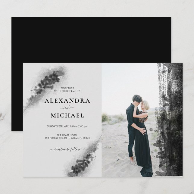 Invitación Personalizado Foto Boda Floral Lavander Negro (Anverso / Reverso)
