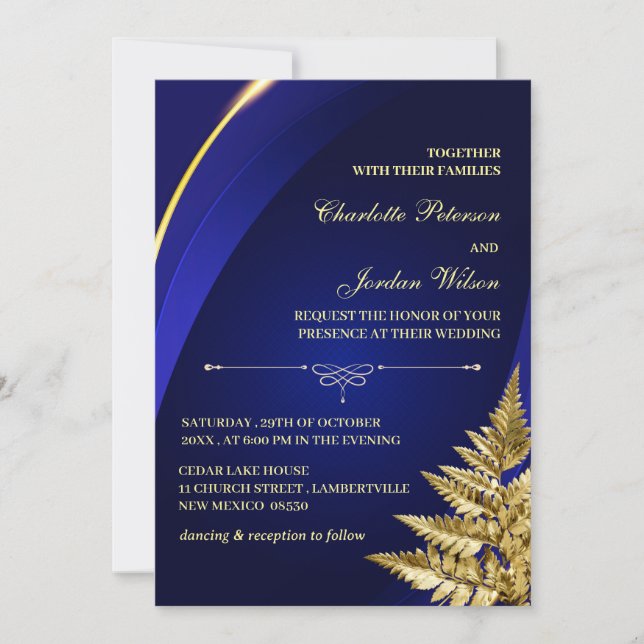 Invitación Personalizado Foto Boda Real Azul y Oro (Anverso)