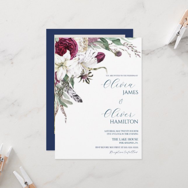 Invitación Personalizado foto borgoña marina boda de código Q (Anverso/Reverso In Situ)