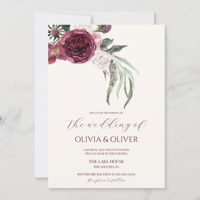 Invitación Personalizado foto borgoña sonrojo boda de código  (Anverso)