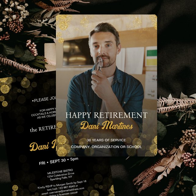 Invitación Personalizado Foto Confetti  Fiesta de Jubilación  (Custom Photo Gold Confetti Happy Retirement Party Invitation)