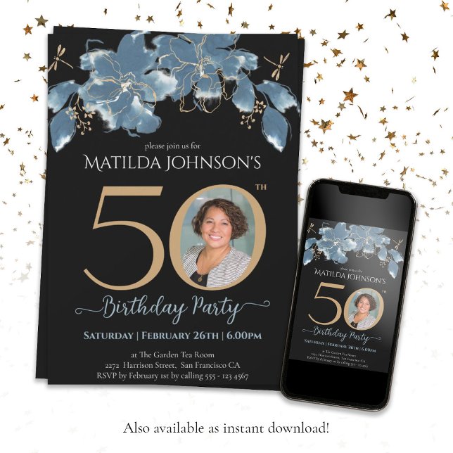 Invitación Personalizado Foto Floral de oro azul 50 cumpleaño (Black 50th Birthday Blue Gold Floral Custom Photo Invitation)