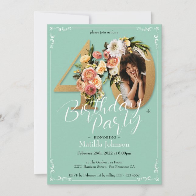 Invitación Personalizado Foto Gold Mint Floral 40 cumpleaños (Anverso)