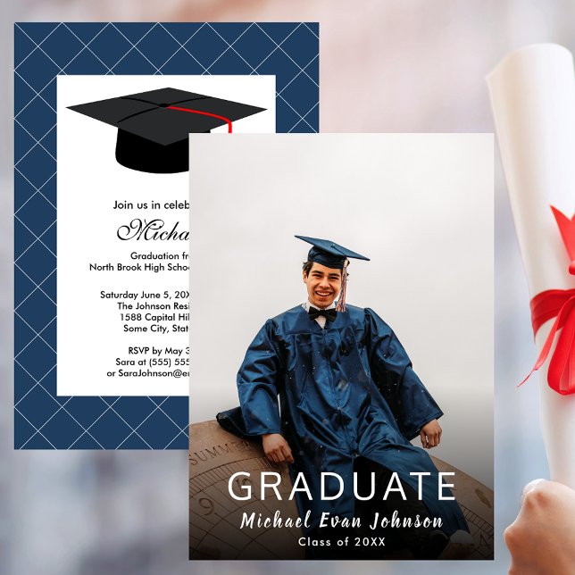 Invitación Personalizado Foto Graduación azul Clase de invita (Custom Photo Blue Graduation Class of Invitation)
