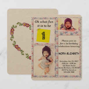 Invitación Personalizado Foto Marco floral Primer cumpleaños 