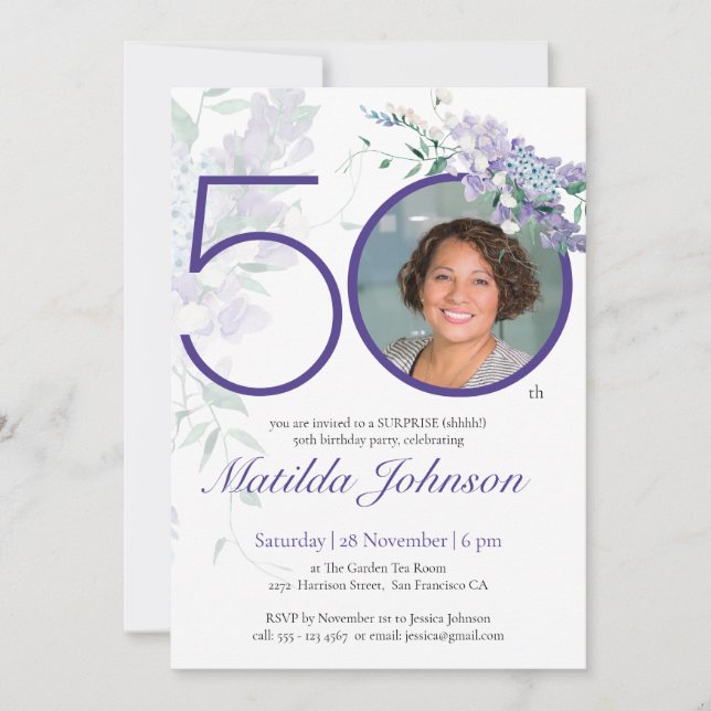 Invitación Personalizado Foto Morple Floral Sorpresa 50 cumpl (Anverso)
