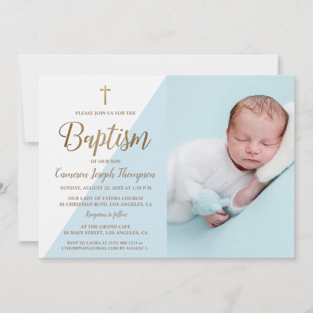 Invitación Personalizado Foto Niño Baptismo Cruz de Oro Azul (Anverso)