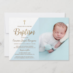 Invitación Personalizado Foto Niño Baptismo Cruz de Oro Azul