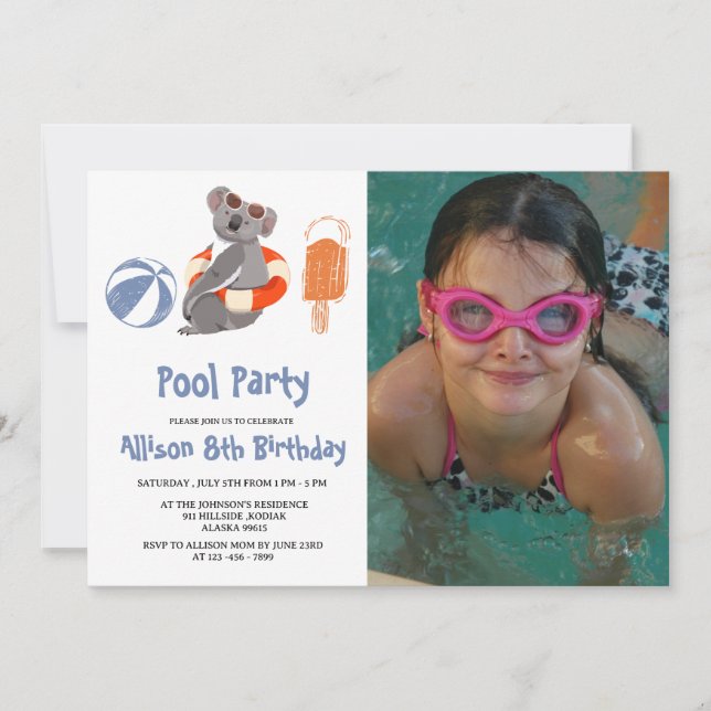 Invitación Personalizado Foto Piscina Fiesta de cumpleaños (Anverso)