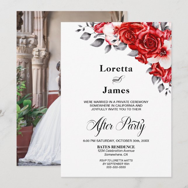 Invitación Personalizado Foto Red Rose Floral Wedding Recepci (Anverso / Reverso)