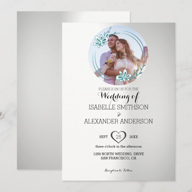 Invitación Personalizado Foto Y Boda De Floral Wreath (Anverso / Reverso)